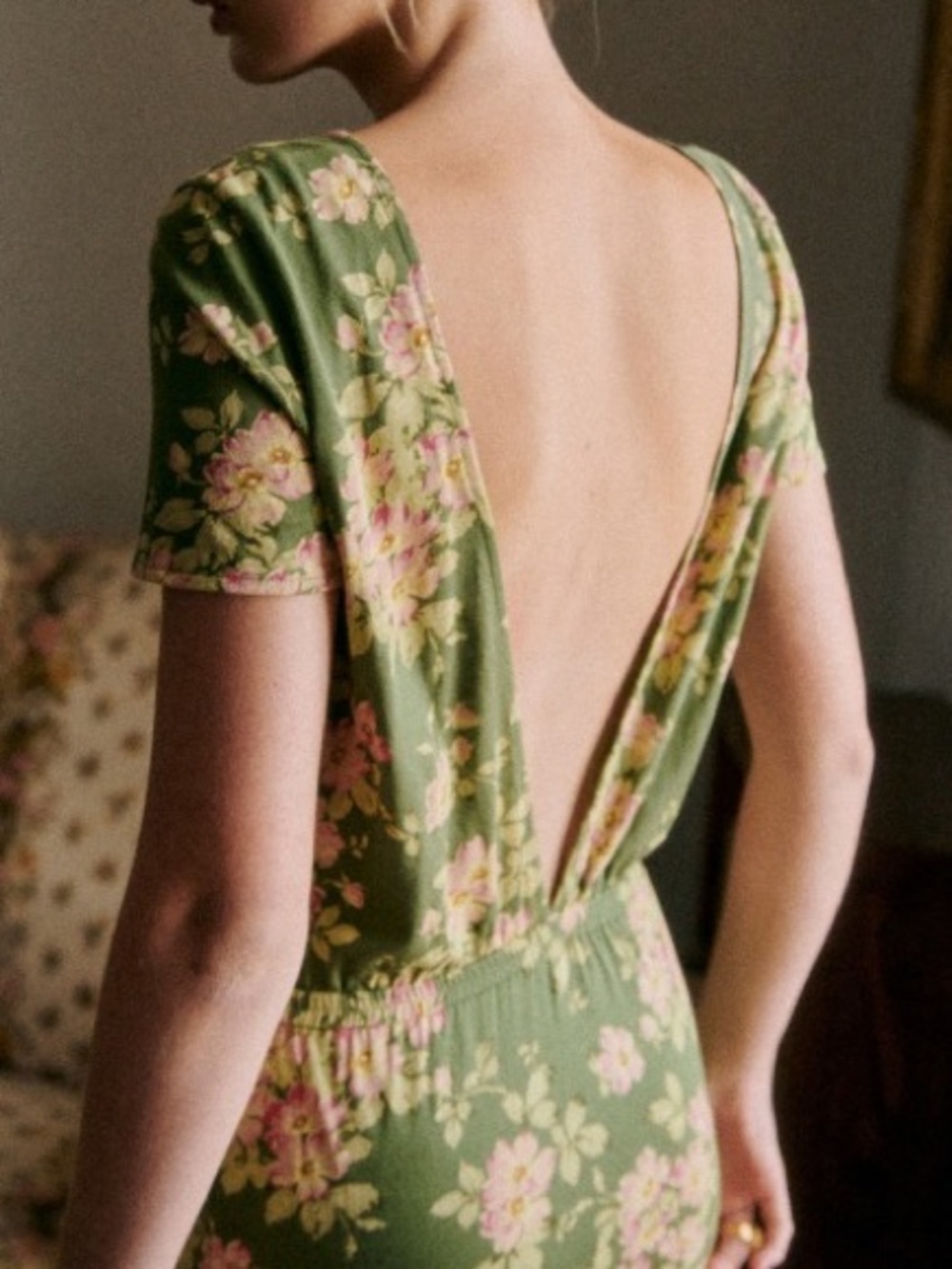 Sezane Olive Green Floral Backless Midi Dress with Pink Flowers - Picture 3 of 12
